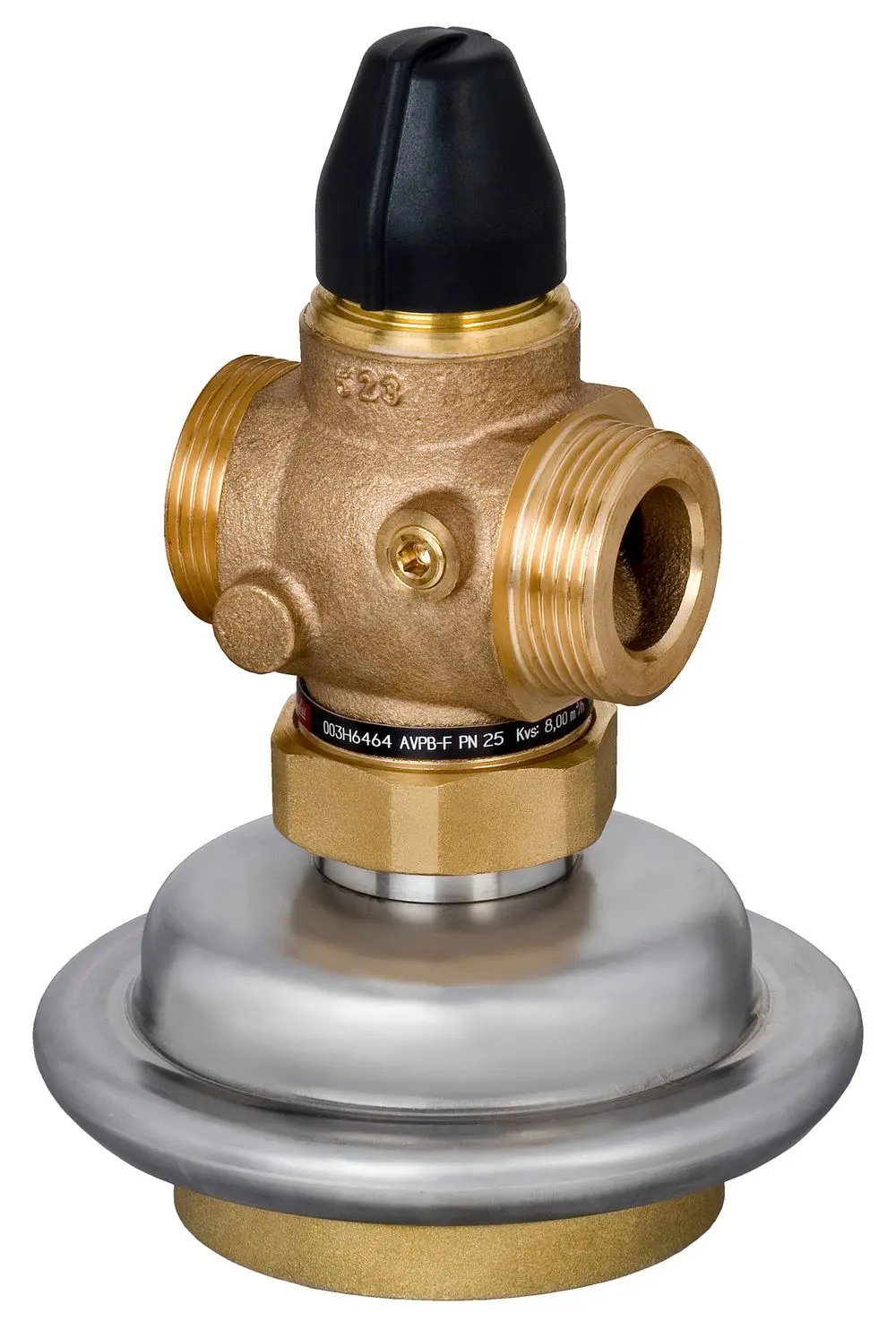 Danfoss Druckregler mit zwei Anschlüssen, einem verstellbaren Oberteil und einer metallischen Unterseite, geeignet für Druck- und Durchflussregelung in Rohrsystemen.